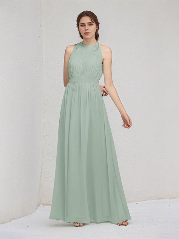 Sage A Line Chiffon Halter Neck Sleeveless Floor Length Bridesmaid Dresses