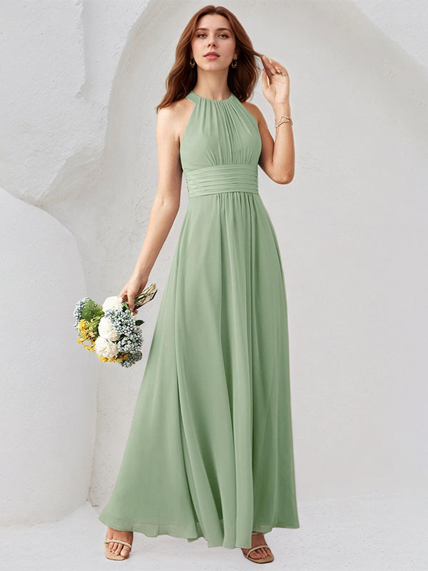 Agave Chiffon A Line Halter Neck Sleeveless Floor Length Bridesmaid Dress