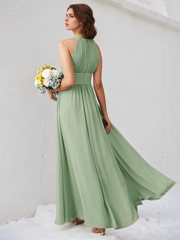 Agave Chiffon A Line Halter Neck Sleeveless Floor Length Bridesmaid Dress
