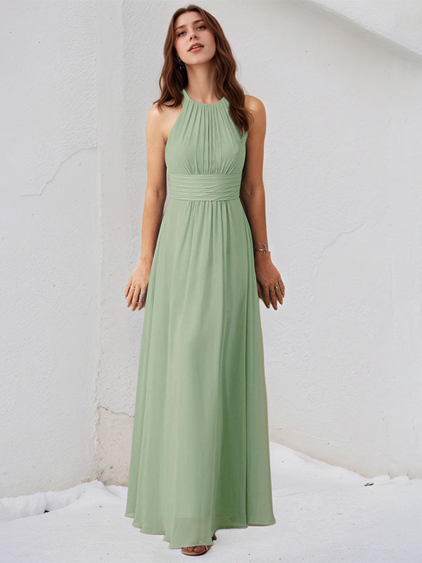 Agave Chiffon A Line Halter Neck Sleeveless Floor Length Bridesmaid Dress