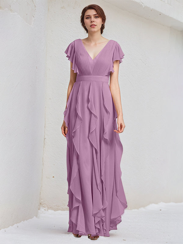 Orchid Chiffon A Line V Neck Short Sleeves Floor Length Bridesmaid Dress