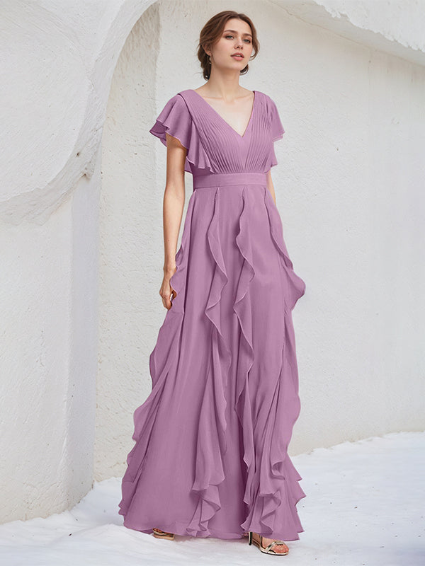 Orchid Chiffon A Line V Neck Short Sleeves Floor Length Bridesmaid Dress