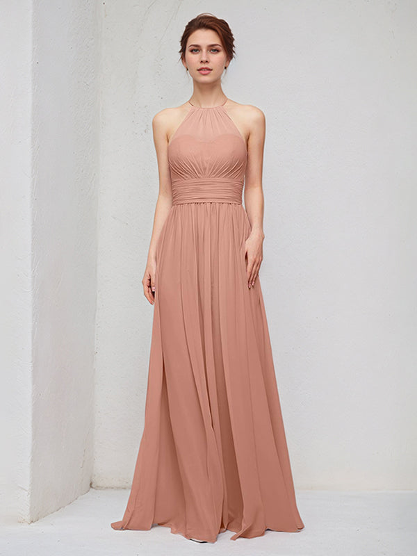 Rose Pink A Line Chiffon Halter Neck Sleeveless Floor Length Bridesmaid Dresses