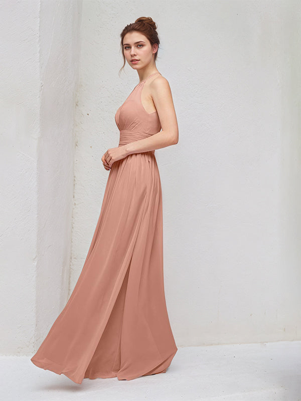 Rose Pink A Line Chiffon Halter Neck Sleeveless Floor Length Bridesmaid Dresses
