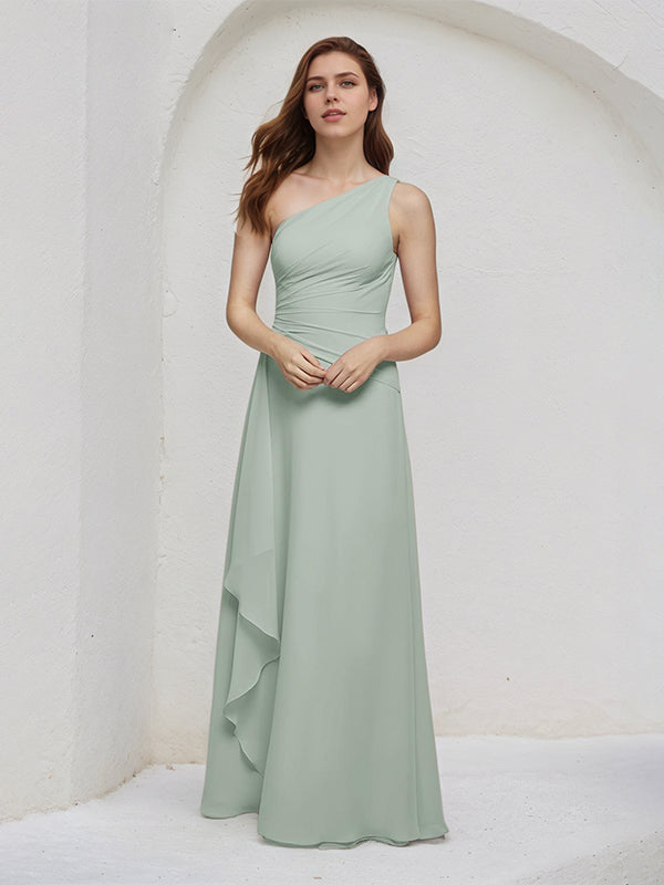 Sage A Line Chiffon One Shoulder Sleeveless Floor Length Bridesmaid Dresses