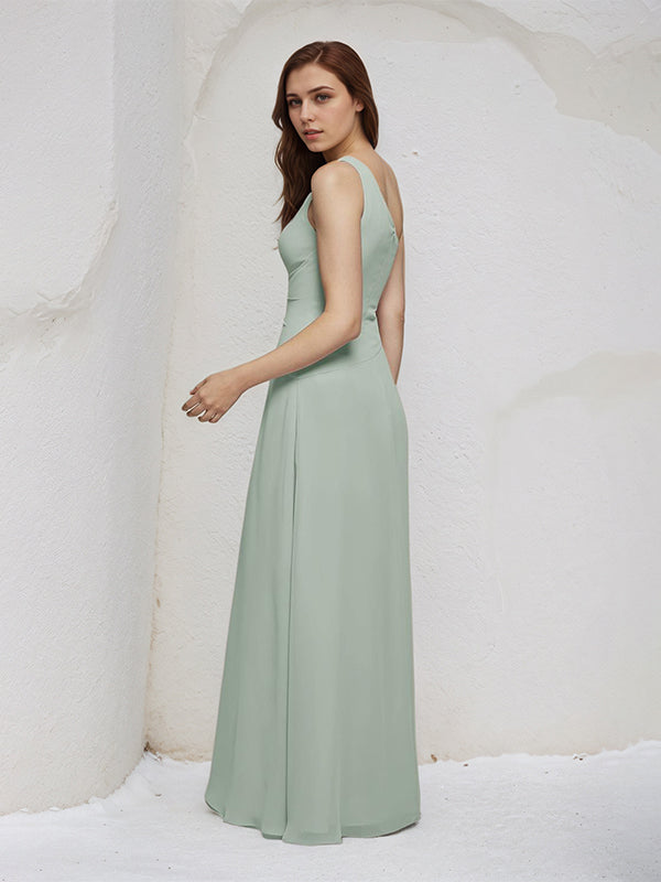 Sage A Line Chiffon One Shoulder Sleeveless Floor Length Bridesmaid Dresses