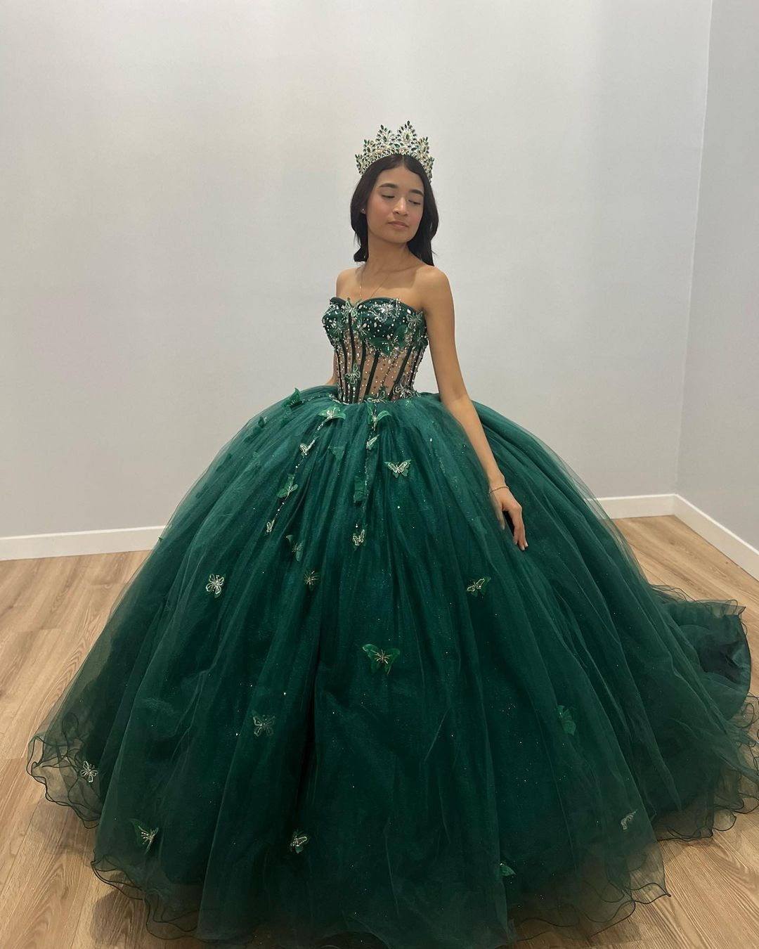 Green Tulle Ball Gown With Butterflies,Sweet 16 Dress, Green Quinceanera Dress Y2344 - VelvetHem