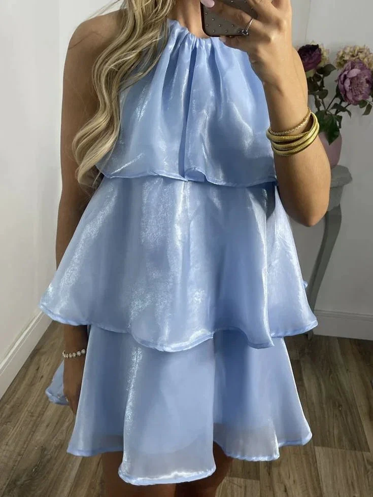 Simple Blue Organza Halter Layered Mini Prom Dress Homecoming Dress (ZD11332)