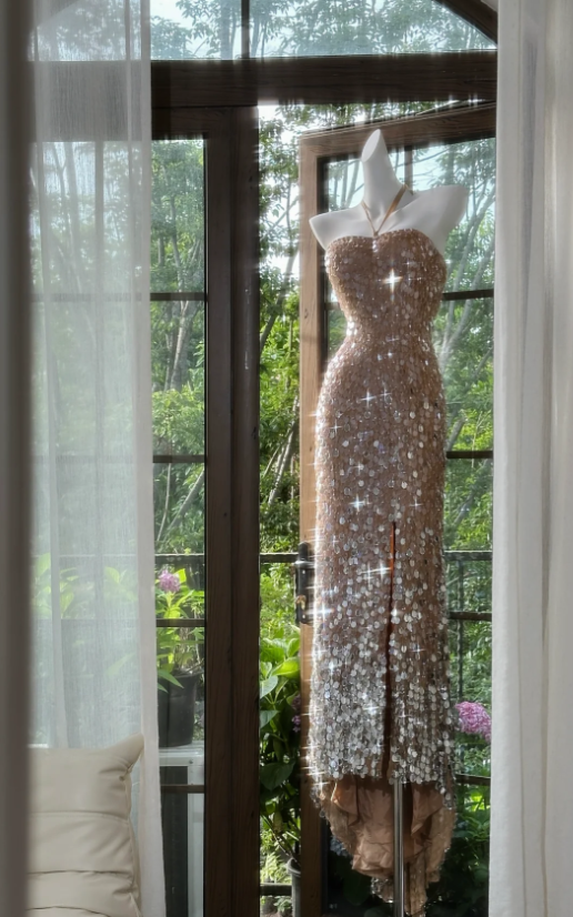 Gorgeous Halter Champagne Sequin Slit Mermaid Party Dress Long Evening Gown
