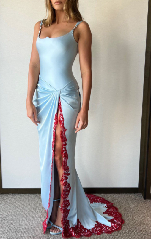 Stylish Blue Spaghetti Straps Satin Pleated Lace Mermaid Evening Dress Long Birthday Prom Dress