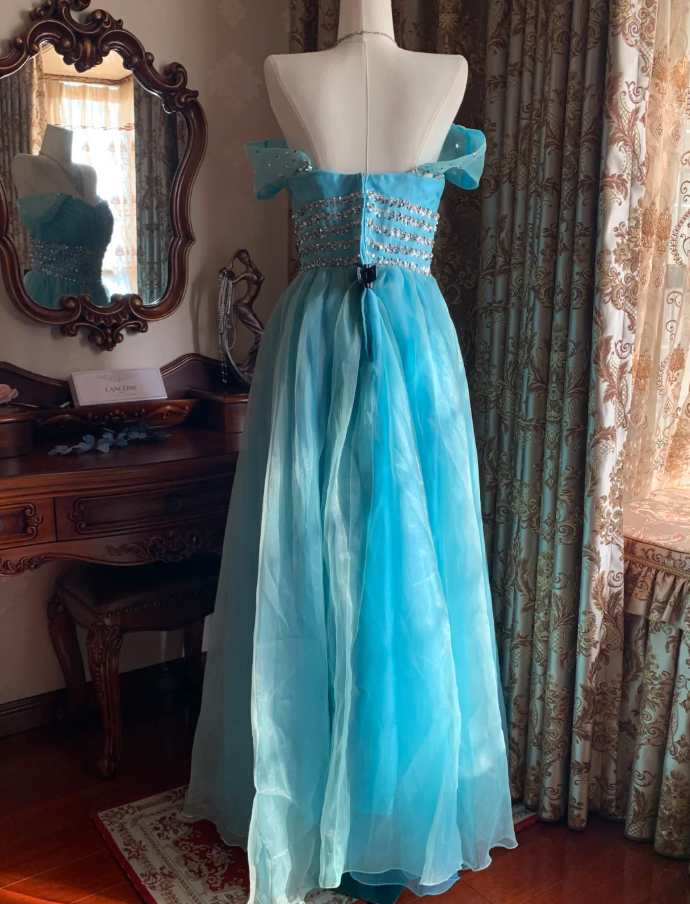 Cute Off The Shoulder Blue Tulle Beaded A Line Princess Party Dress Long Evening Gown