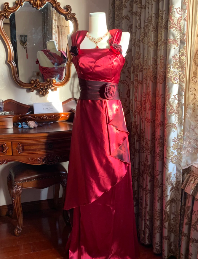 Stylish Burgundy Satin Ruffles Long Party Dress Evening Gown