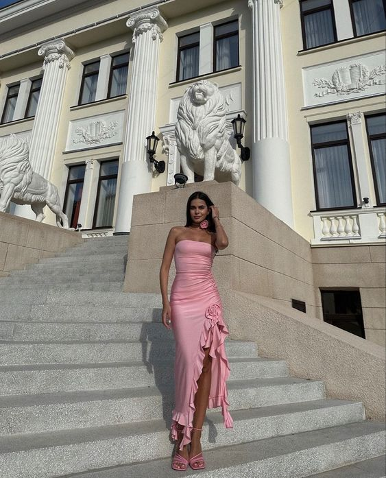 Sexy Strapless Pink Birthday Dress 22th Ruffle Slit Prom Evening Dress