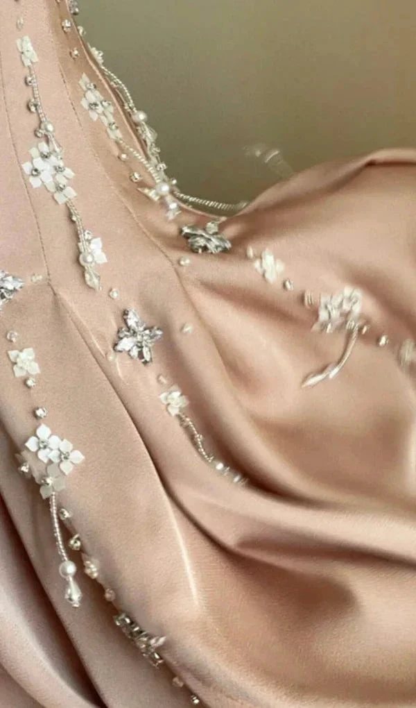 Luxury nude satin hand-beaded diamond homecoming dress (ZD12643)