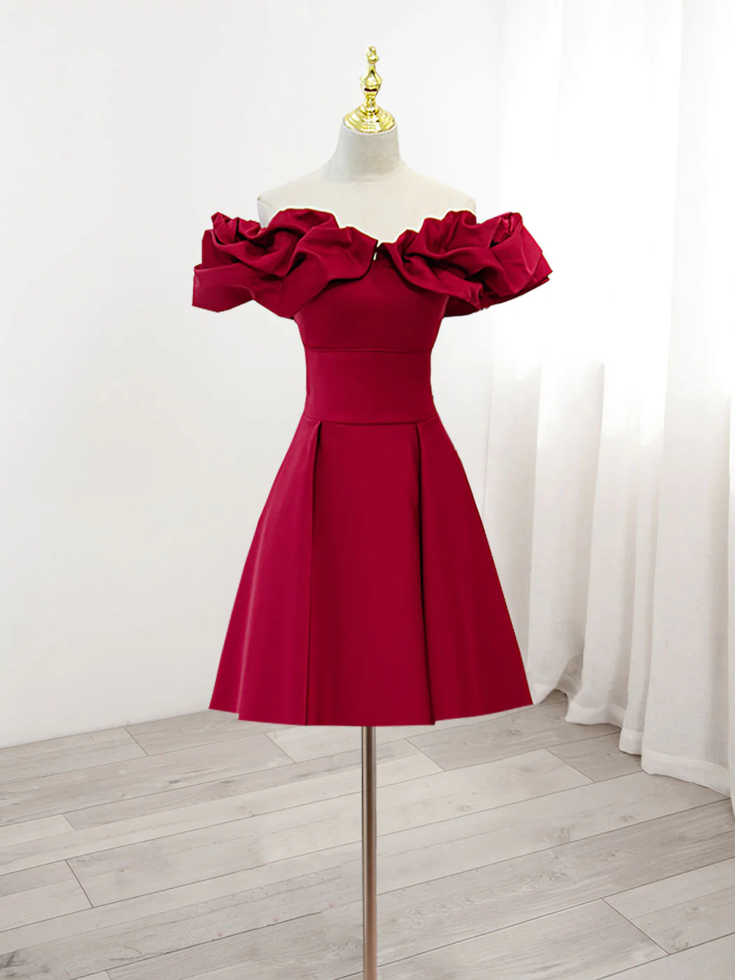 Burgundy A-Line Off-the-Shoulder Satin Homecoming Dress - FashionDia