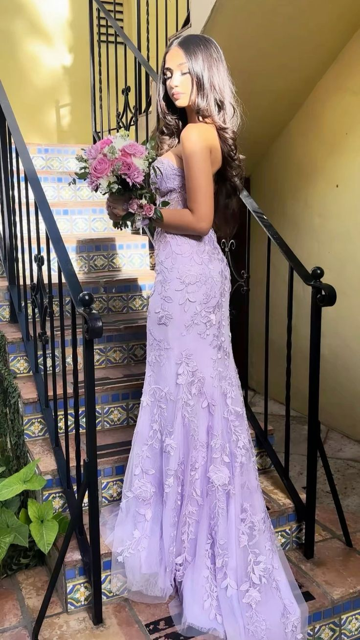 Lilac Strapless Tulle Lace Appliques Prom Dress Mermaid Party Evening Gown