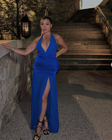 Sexy Royal Blue Halter Slit Satin Prom Dress Party Gown