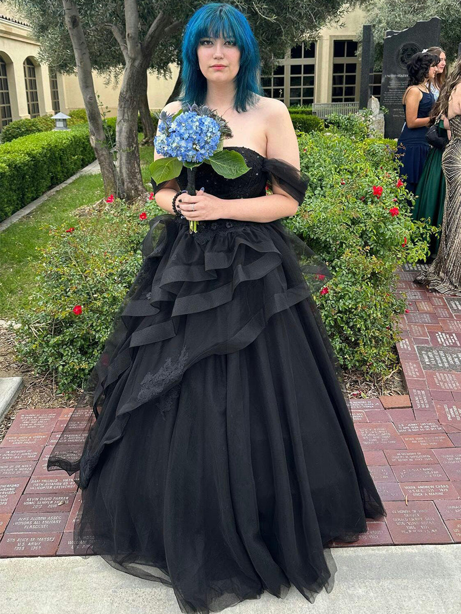 A Line Off-the-Shoulder Appliques Lace Tulle Long Corset Prom Dress