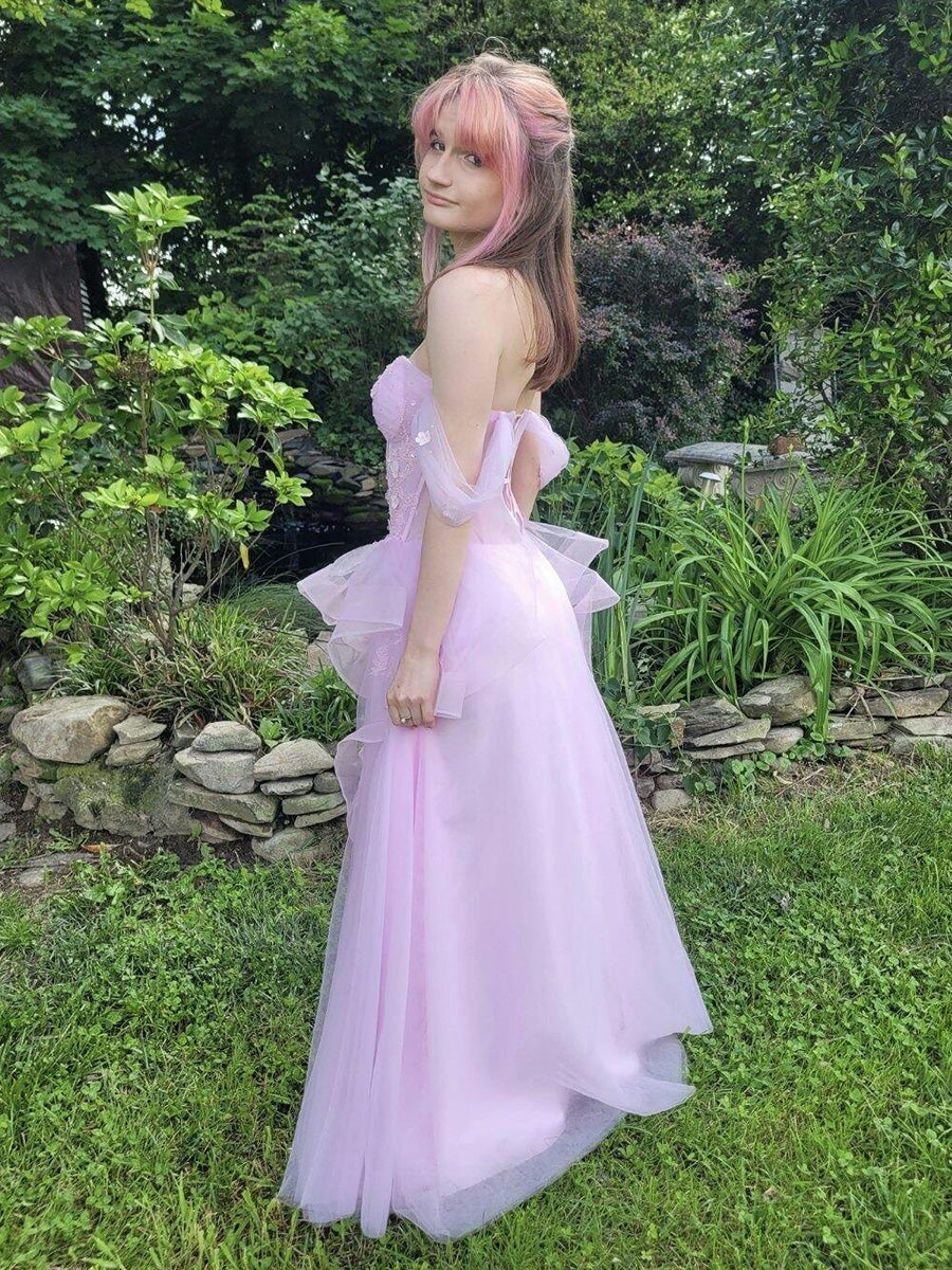 A Line Off-the-Shoulder Appliques Lace Tulle Long Corset Prom Dress