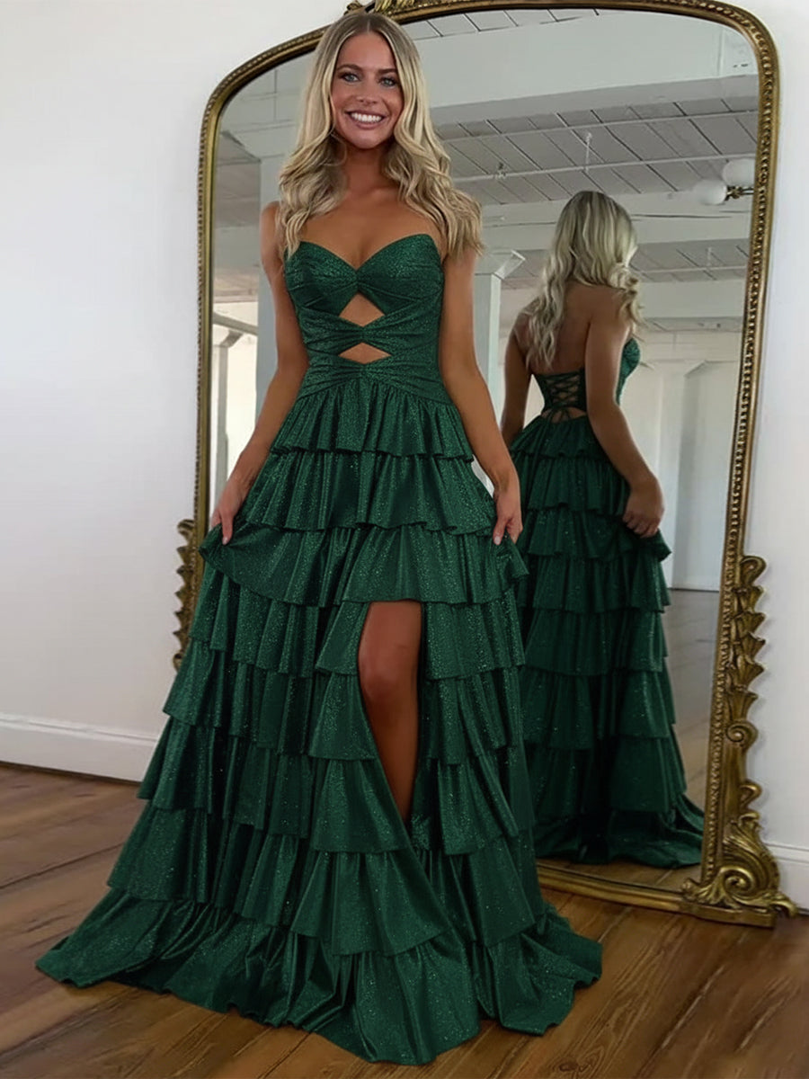 A Line Strapless Sweetheart Satin Prom Dress with Keyhole