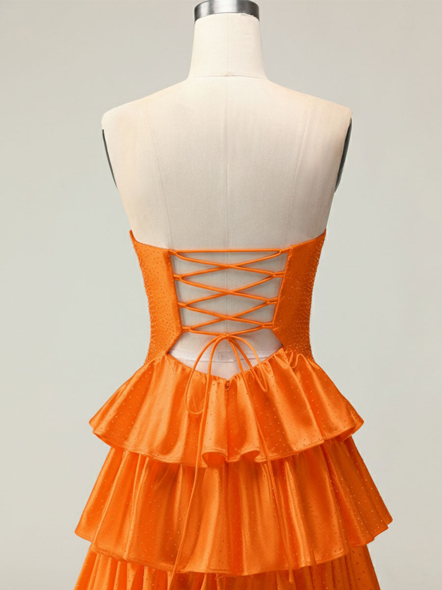 Orange A Line Strapless Sweetheart Satin Prom Dress with Keyhole