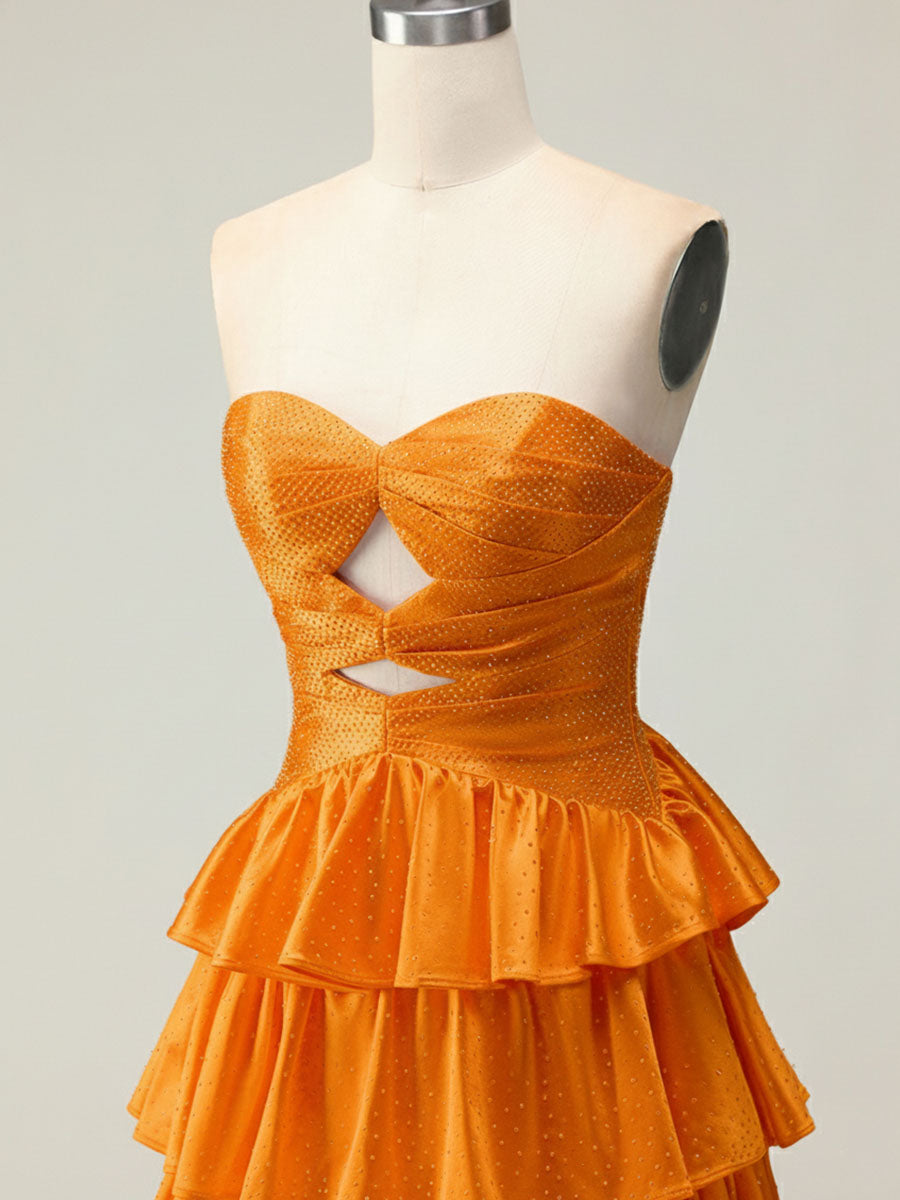 Orange A Line Strapless Sweetheart Satin Prom Dress with Keyhole