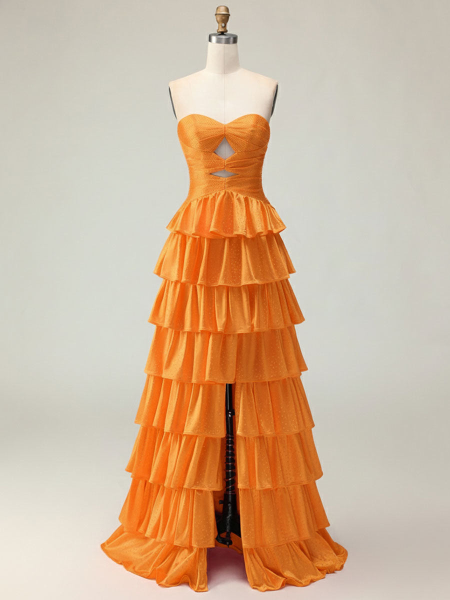 Orange A Line Strapless Sweetheart Satin Prom Dress with Keyhole