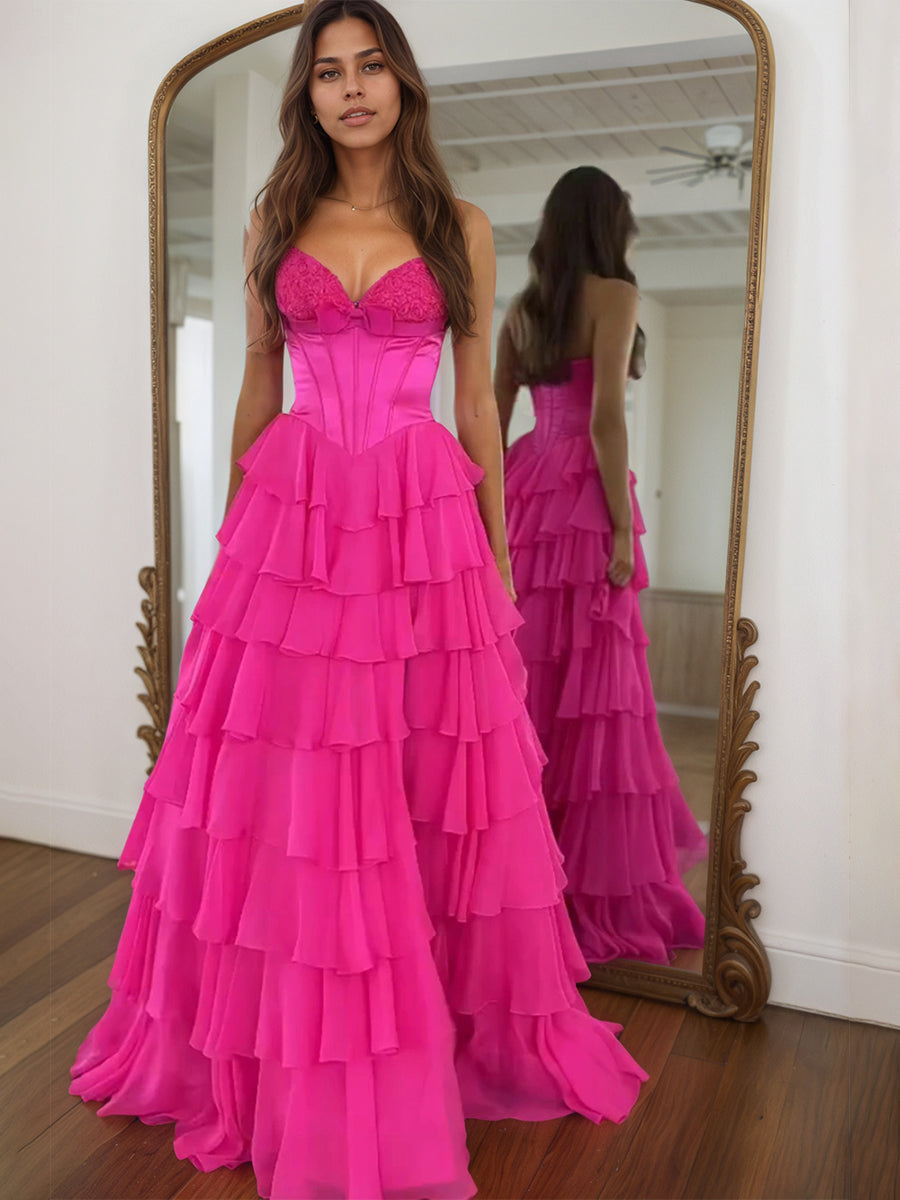 A-Line Tiered Strapless Corset Long Prom Dress with Slit - FashionDia