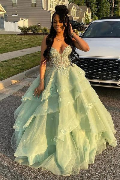 Charming Light Green Tulle Appliques Long Evening Dress Birthday Party Dress