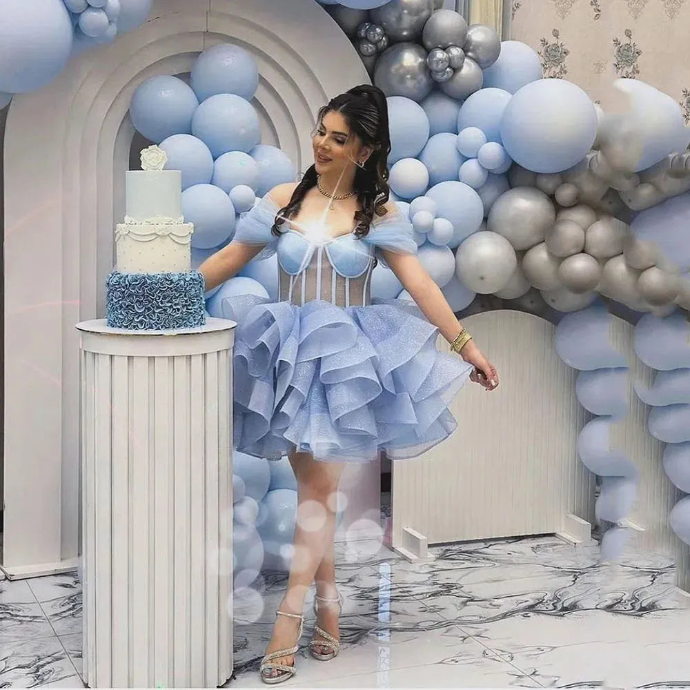 Sexy Off Shoulder Glitter Organza Cocktail Party Dress Prom Dress Party Gowns Elegant Ball Gown Birthday Dresses Blue