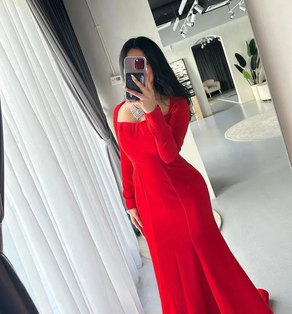 Elegant Red Mermaid Prom Dress Elastic Satin Square Long Sleeves Floor Length Formal Evening Dress vestido de gala