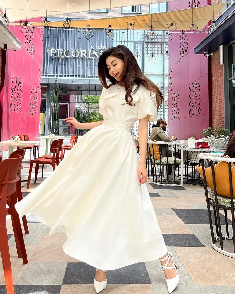 Charming Prom Dresses Elegant O neck Belt Short Puff Sleeves Evening Gowns Tea Length Graduation Formal Dress Pocket