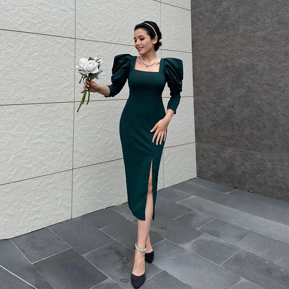 Dark Green Mermaid Evening Dresses Square Neck Formal Prom Dresses Tea Length Slit Prom Gowns For Women Party Dress As Picture