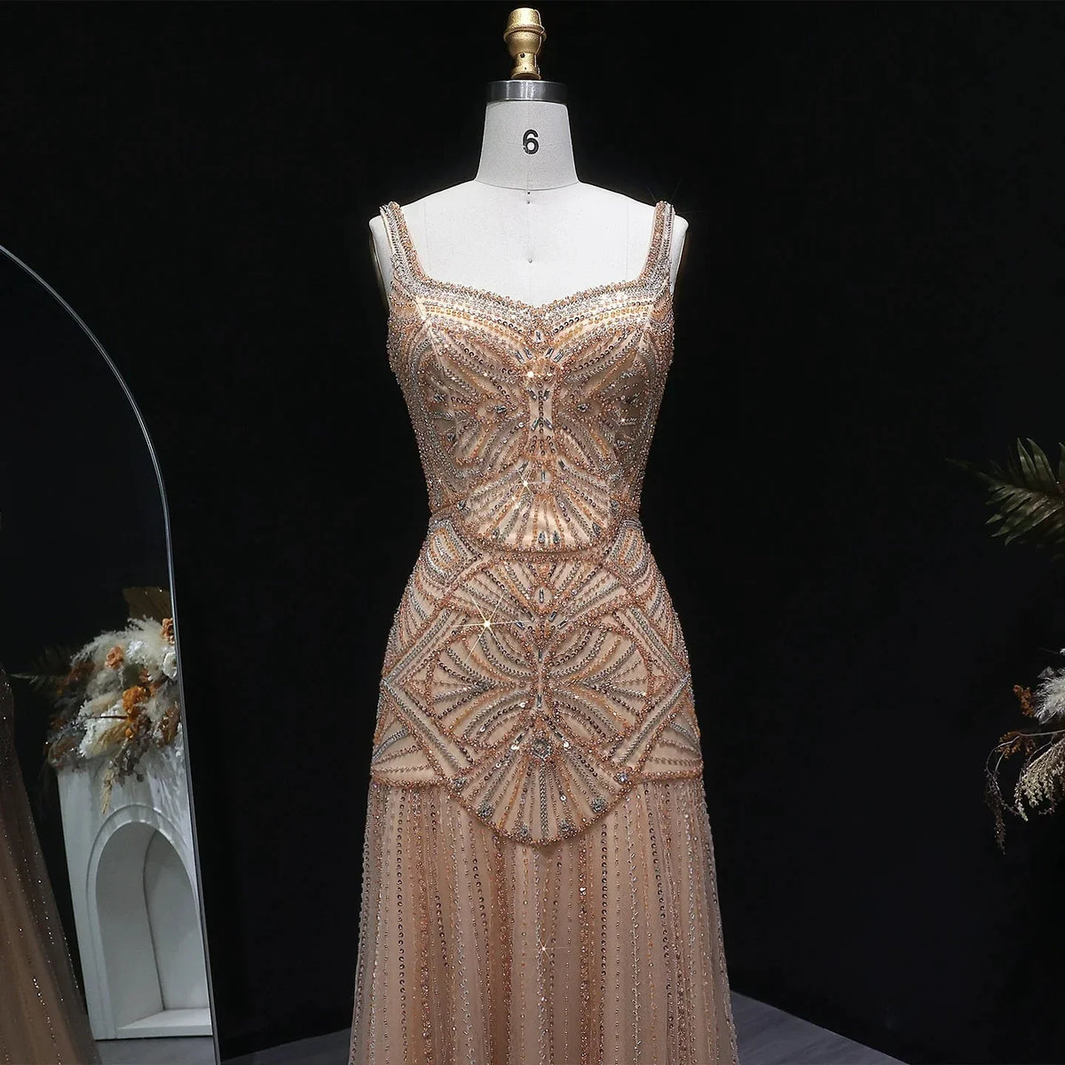 Champagne Beaded Mermaid Evening Dress Luxury Saudi Wedding Gown Customized (ZD17070)
