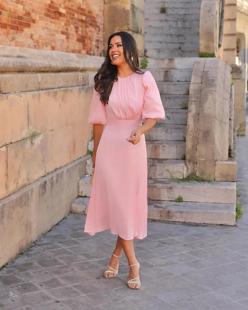 Short Sleeves Pink Evening Dresses Satin Wedding Party Wear Prom Dresses A-Line Simple Women Birthday Dresses