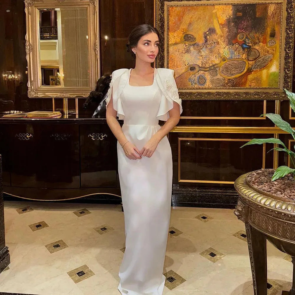 Mermaid Evening Dresses Cap Sleeves Beads 3D Flowers Bride Dress Arabic Party Prom Gowns Formal Occasion Dress White