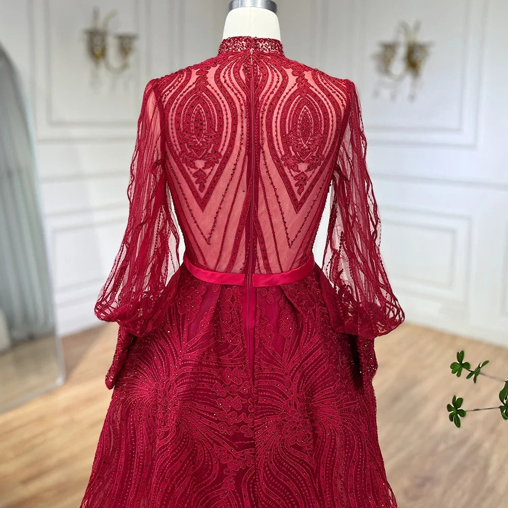 Zapdress Customized Wine Red Long Sleeves Overskirt Evening Dresses 2024 Muslim Party Gowns For Women Plus Size (ZD17306)