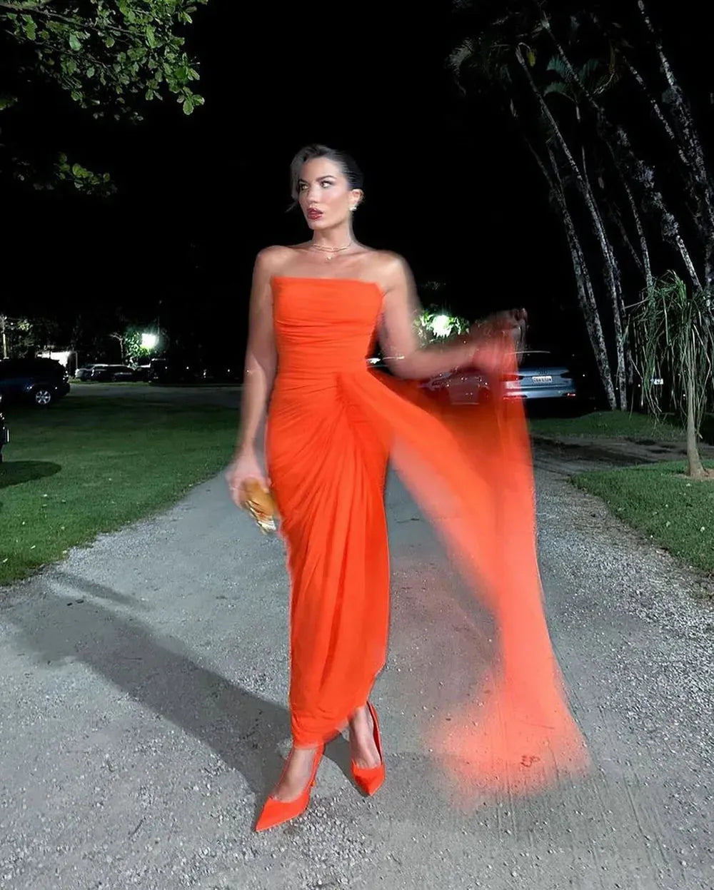 Orange Charming Prom Gown Strapless Pleat Anke Length Evening Dresses With Draped Party Celebrity Night Dinner Gowns