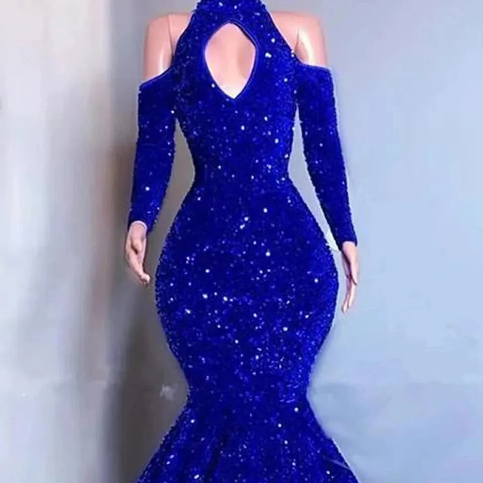 Shiny Sequins Mermaid Prom Dresses Long Sleeves Formal Evening Gown Off the Shoulder Women Special Occasion Dress