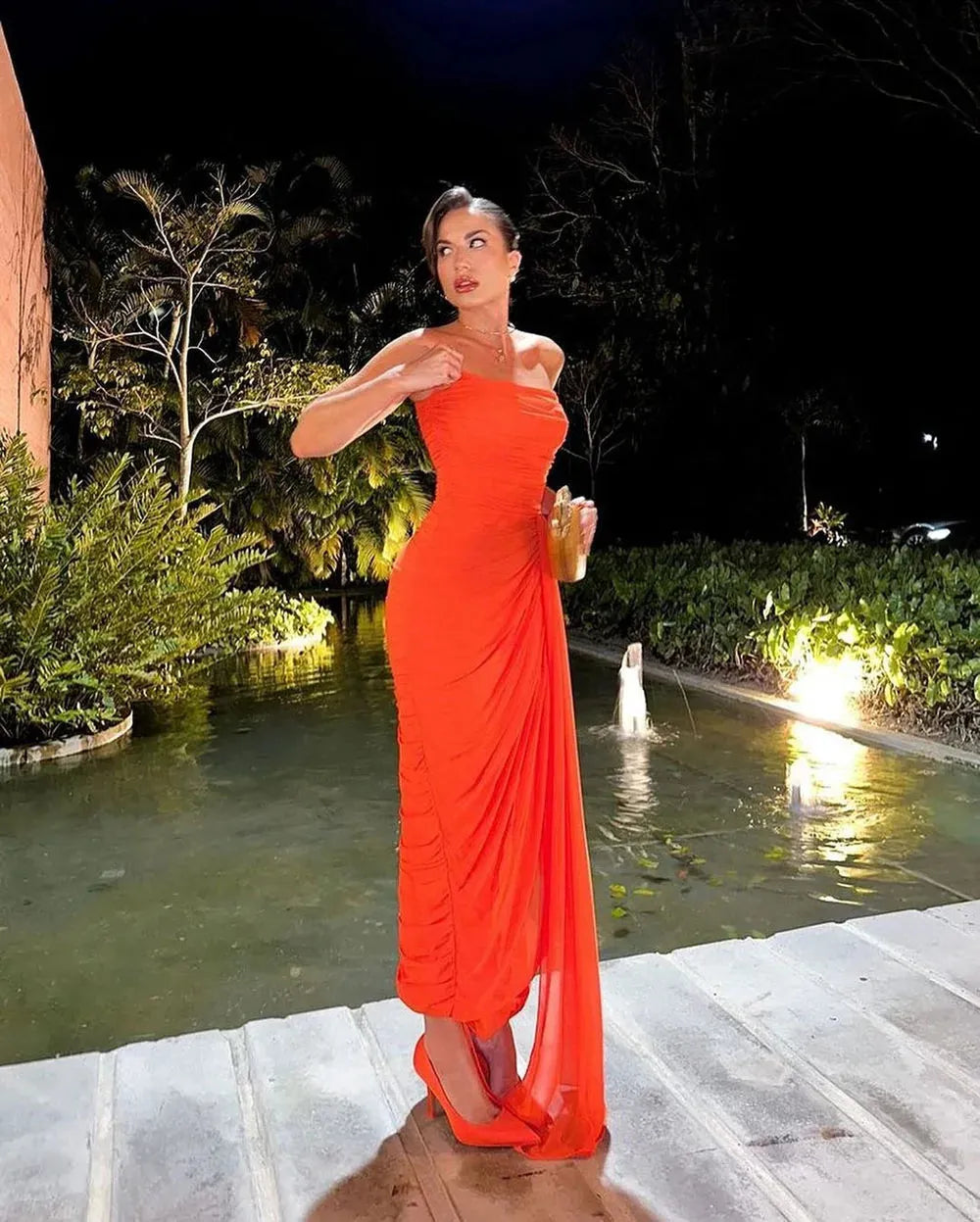 Orange Charming Prom Gown Strapless Pleat Anke Length Evening Dresses With Draped Party Celebrity Night Dinner Gowns