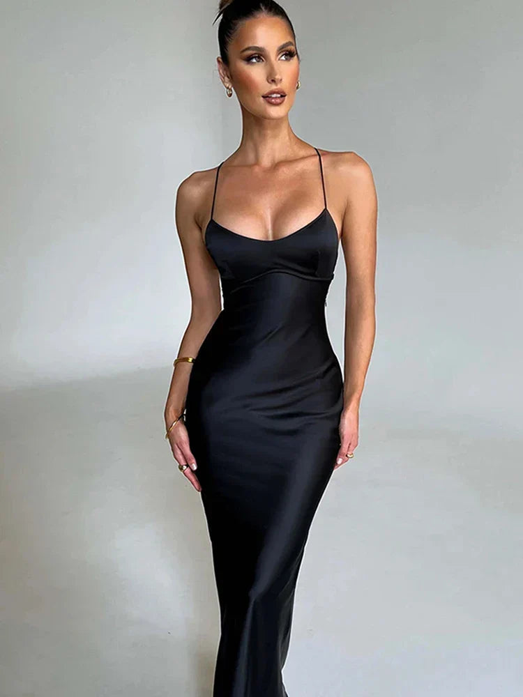 Satin Backless Lace Up Mermaid Silk Dress - View 3 | VelvetHem