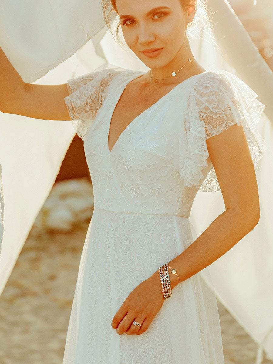 Affordable Sleeveless V Neck Chiffon Lace Zipper Beach Wedding Dresses