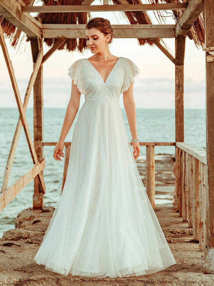 Affordable Sleeveless V Neck Chiffon Lace Zipper Beach Wedding Dresses