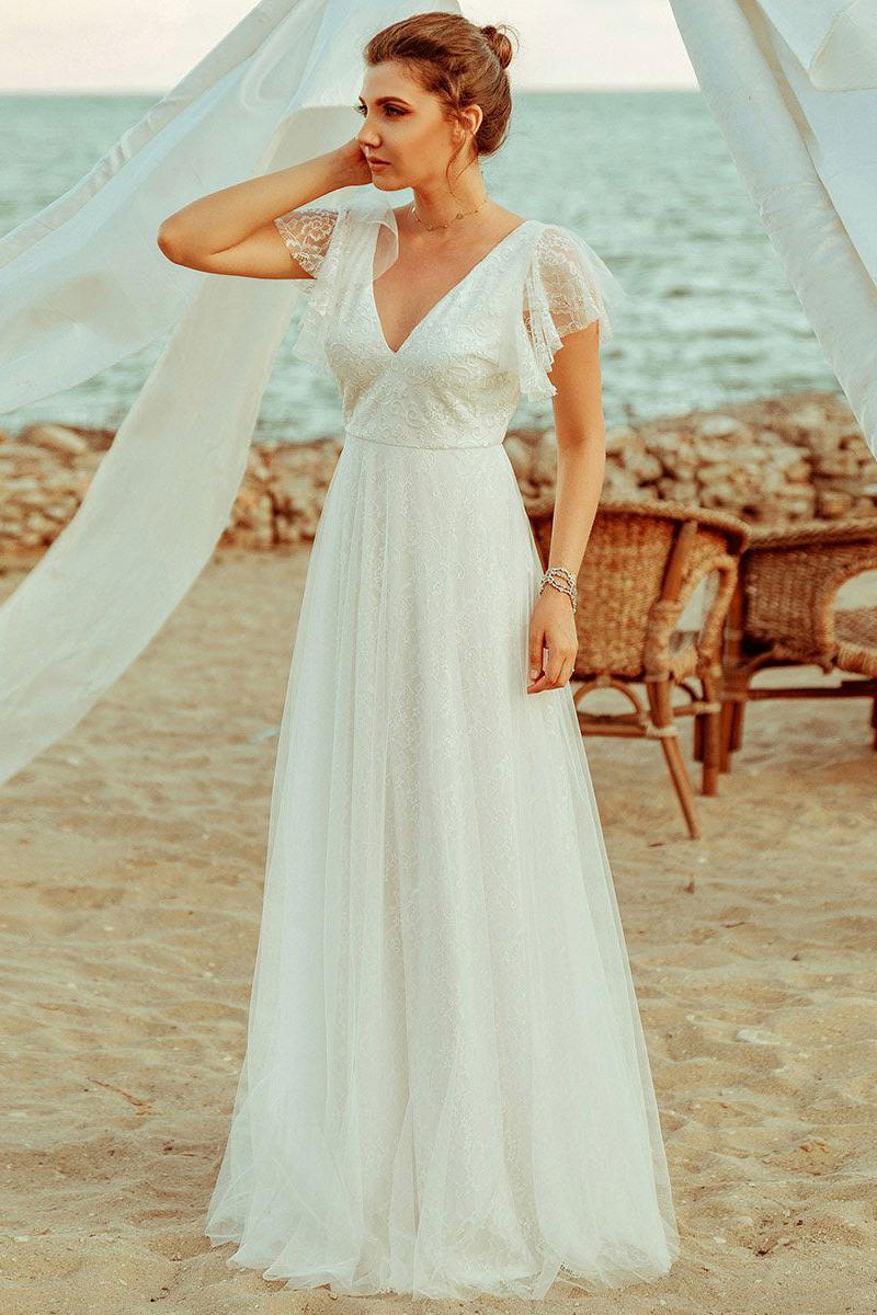 Affordable Sleeveless V Neck Chiffon Lace Zipper Beach Wedding Dresses