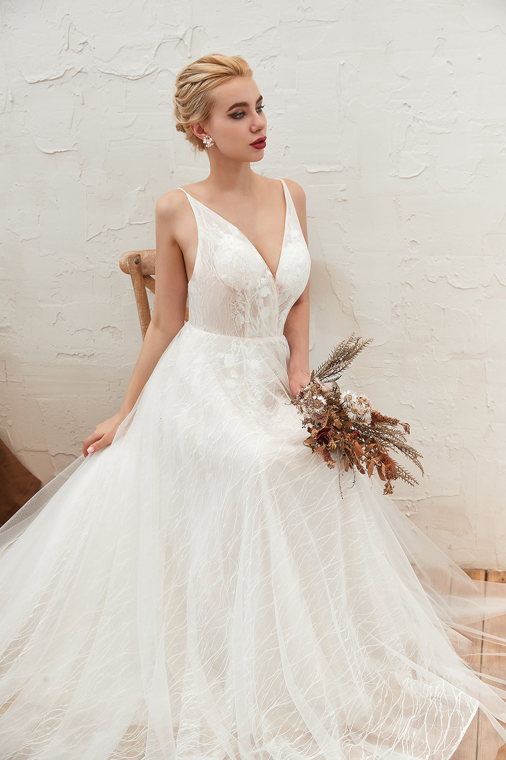 Affordable Tulle V-Neck Long Wedding Dress with Appliques