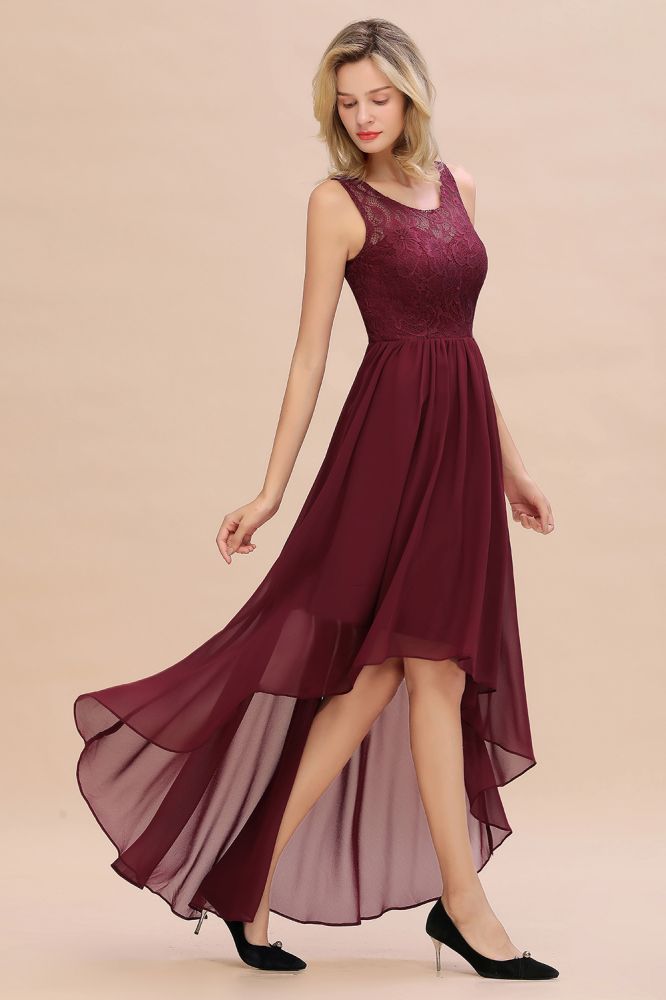 Amazing Burgundy Hi-Lo Evening Party Dress Sleeveless Lace Bridesmaid Dress