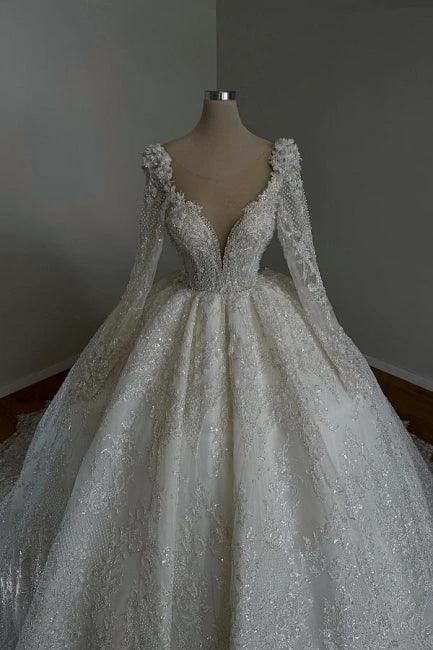 Amazing Long Princess A-line V-neck Lace Beading Wedding Dresses With Long Sleeves (ZD15626)