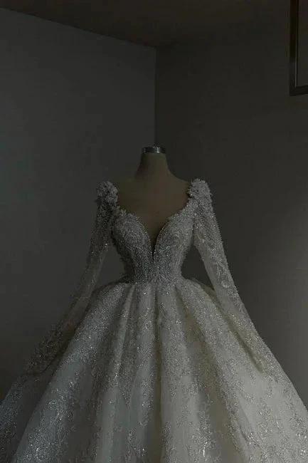 Amazing Long Princess A-line V-neck Lace Beading Wedding Dresses With Long Sleeves (ZD15626)