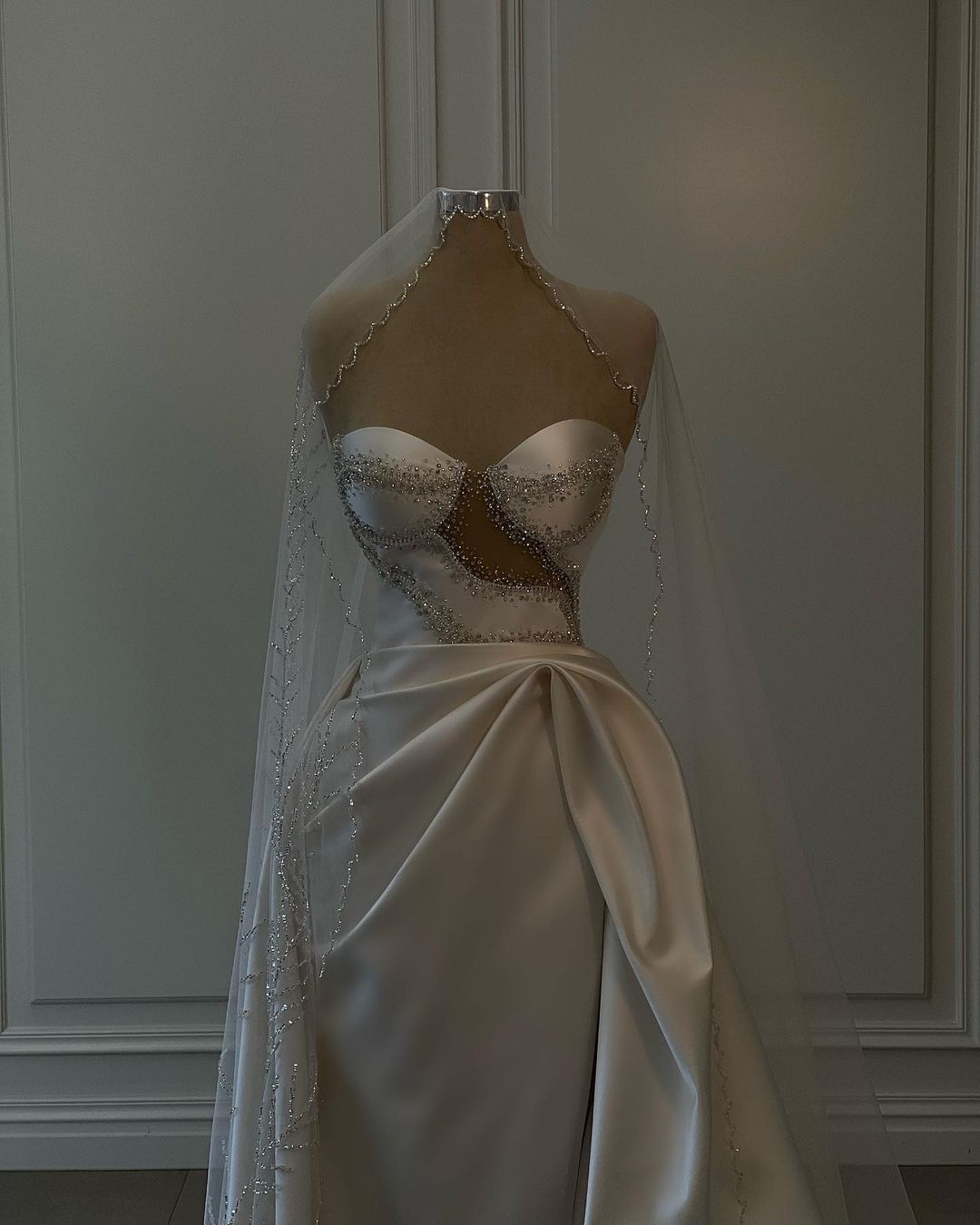 Breathtaking Long White Beaded Sleeveless Satin Wedding Dress Featuring Slit (ZD17479)