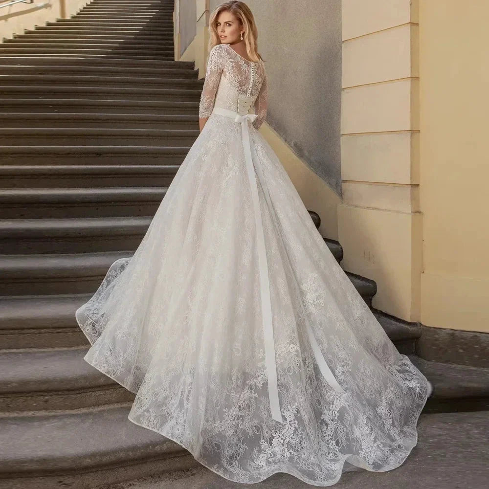 Appliques Vestido De Noiva Ribbons Belt Vestidos De Novia Three Quarter Sleeve Wedding Dresses Lace Robe De Mariée (ZD14080)